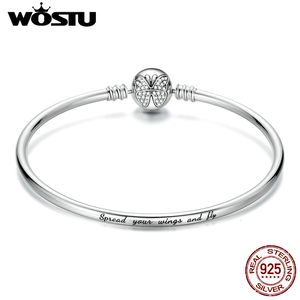 Bangle Wostu Sterling Silver Butterfly Podstawowa grawerowanie Bolegle Rozłóż skrzydła i łańcuch much Bracelets Charm Women's Hand CTB084 230921