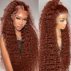 40 inç Brezilya Glueless Reddish Kahverengi Derin Dalga Frontal Peruk 250 Yoğunluklu Bakır Kırmızı Kıvırcık Simülasyon İnsan Saçı WIG 13X4 HD Dantel Frontal Peruk