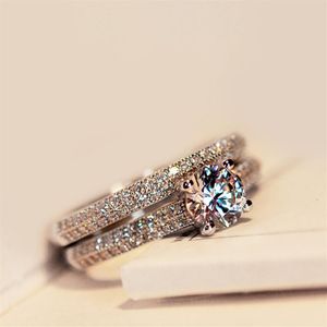2PCS set Bamos Luxury Female White Bridal Wedding Ring Fashion 925 Silver Filled Jewelry Promise CZ Stone Engagement Rings For W201D