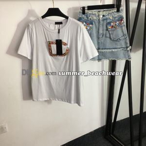 Colored Diamond Denim Skirt Women Short Sleeve T Shirt High Waist Jean Skirts Woman Summer Two Piece Dress