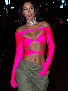 Womens TShirt Spring Hollow Out Pink T Shirt Women Solid Slash Neck Long Sleeve Elegant Y2k Clothes Bodycon Sexy Casual Corset Top Female 230921