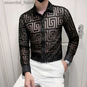 Men's Dress Shirts Autumn New Sexy Transparent Lace Shirt Men Clothing Simple All Match Slim Fit Long Sleeve Club Prom Tuxedo Chemise Homme 4XL L230921