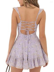 Freizeitkleider Damen Mini A-Linie Kleid Flügelärmel Schatz Halsband Rückenfrei Blumendruck Kurz Flowy Clubwear