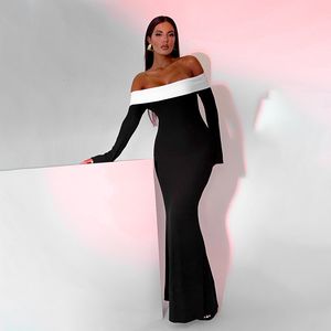 Basic Casual Dresses Black Long Sleeve Midi Dress for Women Elegant Fashion Off The Shoulder Slim Autumn Winter Evening Party Outfits 230921