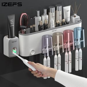 Toothbrush Holders IZEFS Wall-mounted Toothbrush Holder Storage Box Bathroom Toothpaste Squeezer Punch-free Toothbrush Holder Bathroom Accessories 230921