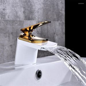 Bathroom Sink Faucets White And Gold Basin Faucet Single Handle Hole Waterfall Deck Mounted Mixer Taps BF20111405