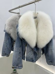 2024 Womens Fur Faux Fur S Fashion Denim Goose Down Big White Fur Twic