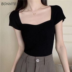 Women's T Shirts Short-sleeve T-shirts Women Vintage Gentle Square Collar Cropped Tops Summer Slim Young Fashion Sexy All-match Knitwear