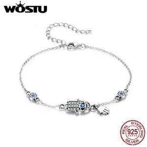 Braccialetti con ciondoli WOSTU Argento sterling Fatima della mano Braccialetti con occhi Hamsa Blu Zircone Catena a maglie per donne Braccialetti Gioielli di moda CQB079 230921