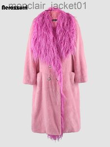 Kvinnors päls faux päls Nerazzurri Autumn Winter Long Thick Warm Pink Faux Fur Coat Women Double Breasted Loose Elegant Chic Luxury Furry Overcoat 2023 J230921