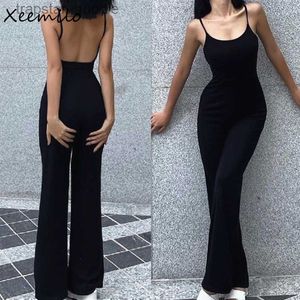 Macacões femininos macacão xeemilo sexy sem costas espaguete cinta macacão mulher verão preto magro bodycon bodysuit calças férias senhoras macacões casuais l230921