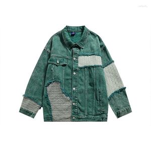 Giacche da uomo Giacca di jeans con foro con cuciture retrò Cappotto di jeans verde allentato Giacca di jeans irregolare da uomo