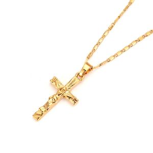 Men Cross Necklace chain Pendant Women INRI Juses Crucifix Christianity Jewelry solid fine Gold GF Nazareth girls gift306e