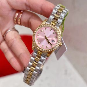 Orologio da donna in oro di lusso Orologio da polso di marca da 28 mm di marca superiore Orologi da donna con diamanti per donna San Valentino Natale Regalo per la festa della mamma Cinturino in acciaio inossidabile Borsa per orologio