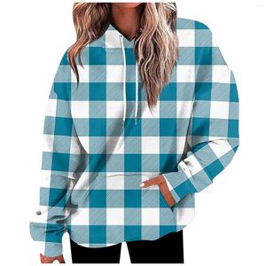 Women's Hoodies Daily Versatile Casual Hooded Sweatshirts Plaid Printed Long Sleeve Pocket Top Female Pullovers Autumn