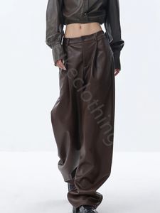 Autumn and winter vintage PU leather pleated casual sag wide-leg pants Meet You There Faux Leather Wide Leg Pants