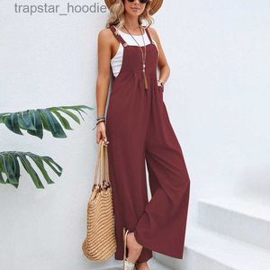 Kvinnors jumpsuits Rompers Vintage Cotton Linen Jumpsuit Women 2023 Casual Solid Button Wide Leg Suspender Pants With Pockets Summer Loose Overalls Rompers L230922