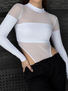 Mulheres Macacões Macacão Tossy SeeThrough Malha Macacão Para Mulheres Envoltório Moda Patchwork Manga Longa Bodysuit Sheer High Street Feminino 230921