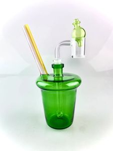 Grass green colored cup rig , 14mm joint , with a downstem a 10 mm banger and a green bubble cap , a set together