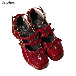 Dress Shoes Dophee Original Cute Girls Lolita for Women High Heels Japanese Wind Patent Leather Cross Bow Princess Halloween 230921