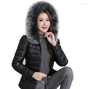 Women's Trench Coats Winter Jacket Women Large Fur Collar PU Down Wadded Female Cotton-padded Jackets Thickening Coat QQ058