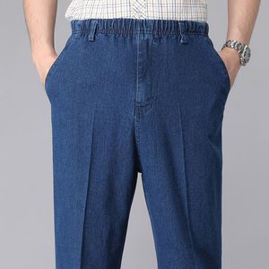 Männer Jeans Solide Elastische Gürtel Kordelzug Gerade Ärmel Denim Hosen Mittleren und Alten 230921