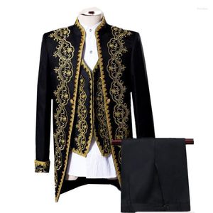 Ternos masculinos estilo europeu americano homens tribunal banquete terno 3 peça preto branco moda luxuosa renda dourada bordado blazer calça colete