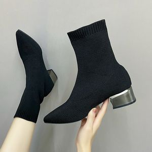 Boots Women's Dress Pointed Mid-heeled Short Ankle Boot Female Autumn 2023 Knitted Block Low Heel High Socks Shoes 230922