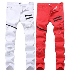 Moda masculina com zíper calças de brim masculinas designer preto vermelho branco destruído mens magro denim em linha reta motociclista magro rip345i