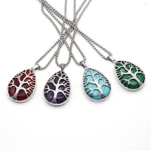 Pendant Necklaces Natural Stone Tree Of Life Drop Shaped Reiki Healing Metal Chain Necklace For Women And Men Jewelry Gift 26X40mm