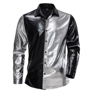 Camisas de vestido masculinas SXXL Homens Tops Manga Longa Turn Down Collar Color Block Moda Masculina Brilhando Único Breasted Ouro Preto Prata Roupas 230921