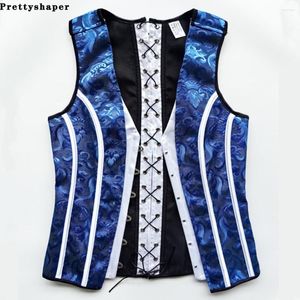 Men's Body Shapers Male Abdomen Tight Corset Blue Floral Prints Slimming Waist High End Vintage Lace Up Waistcoat With Bones Vest Shaper