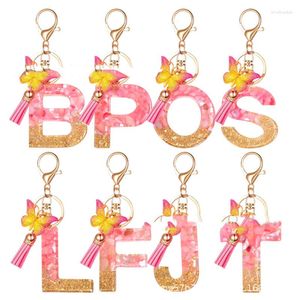 Keychains Fashion Resin A-Z Initial Letter Keychain For Women Pink Sparkle Butterfly Tassel Alphabet Keyring Purse Handbags Car Keys