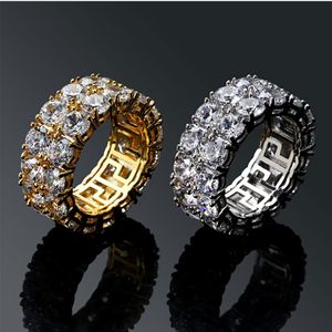 Anéis masculinos de 2 fileiras Iced Out 360 Eternity Gold Bling Micro Pave Cubic Zirconia 18K banhado a ouro com diamantes simulados Anel de hip hop com g194n