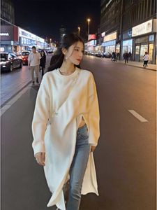 Grundlegende Casual Kleider Pullover Kleid Mit Schlitz Elegante Lange Hülse Gestrickte Midi Lose elastische Feste Herbst Winter Frau Koreanische 230922