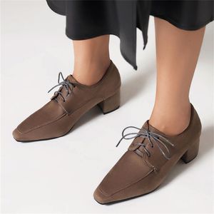 Klänningsskor 2023 Casual Midheel Women Front Lace Up British Style Square Head Stor storlek 43 Dropshopping 231017