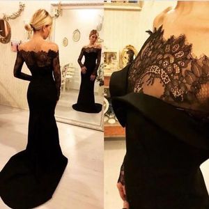 Vestidos de noite preto vestido de festa de baile personalizado plus size zíper rendas até nova sereia trompete manga longa cetim renda bateau