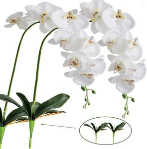 Decorative Flowers 41" Artificial Silk Phalaenopsis 2 Pcs With Bundles Leaves Orchid Stem Plants In White Fake Butterfly