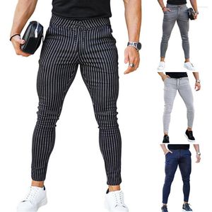 Calças masculinas homem casual preto branco magro lápis moda roupas masculinas fino ajuste clássico listrado calças tendência reta longa calça homme