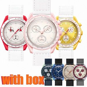 Bioceramiczne Moonswatch Planet Watch Men Black Moon Quartz Mission to the Moon Watches Wodoodporne świetliste skórzana skórzana pasek na rękę P0DR#