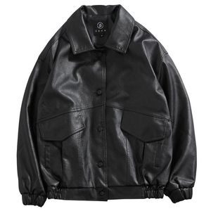 Мужская куртка из искусственной кожи, осеннее пальто из искусственной кожи с лацканами, свободные винтажные парки в мотоциклетном стиле, повседневный ветрозащитный топ 230922