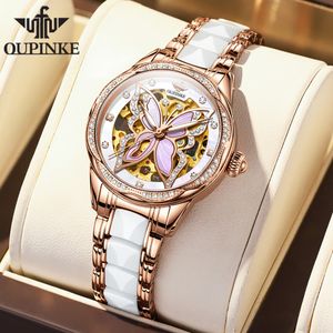 Wristwatches OUPINKE Automatic Mechanical Watch For Women Swiss Movement Sapphire Mirror Butterfly Skeleton Ladies Wristwatch Reloj Mujer 230921