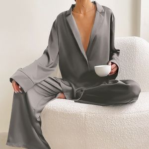 Sexy Pyjamas für Damen, Heimkleidung, Satin-Seiden-Nachtwäsche, tief ausgeschnitten, sexy Pyjamas für Damen, einreihig, lange Ärmel, weites Bein, Hosen, Hosen-Set 230922