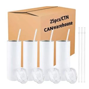 USA CA Warehouse 20 oz white blank stainless steel sublimation tumblers straight insulated car mugs 25pcs/pack with individual White box pack straw and lid 922