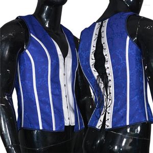 Intimo modellante per il corpo da uomo Collant corsetto addome di alta qualità per uomo Lace Up Back Bones Gilet modellante Stampe blu Gilet vintage Top dimagranti
