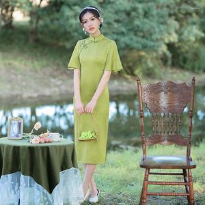 Этническая одежда 2023, женское длинное платье Cheongsam больших размеров, элегантное тонкое платье в китайском стиле с коротким рукавом, ретро Qipao, от S до 3XL, зеленый, желтый