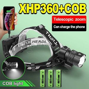 Lâmpadas de cabeça Mais recente atualização Poderosa XHP360 LED Farol 18650 Lâmpadas de cabeça recarregáveis COB Farol Lanterna Tocha Lanterna de acampamento HKD230922