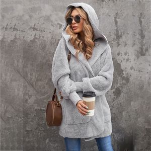 Cappotto lungo da donna in pelliccia finta con cappuccio, aperto sul davanti, con risvolto ampio, caldo e spesso, con doppie tasche 230922