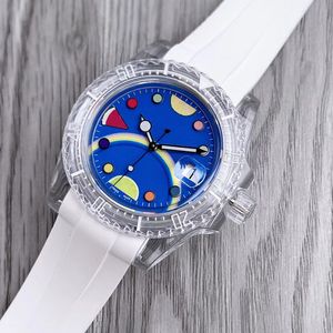 Série de cristal de vidro de alta qualidade masculino super luminoso casual relógio esportivo automático com duas opções de movimento safira lupa pulseira de borracha de flúor