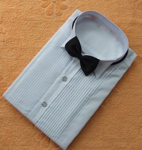 Herrklänningskjortor Classic Fit Polyester Custom gjorde alla färger män bröllop brudgummen front veck brudgummen skjorta för CS11 230921